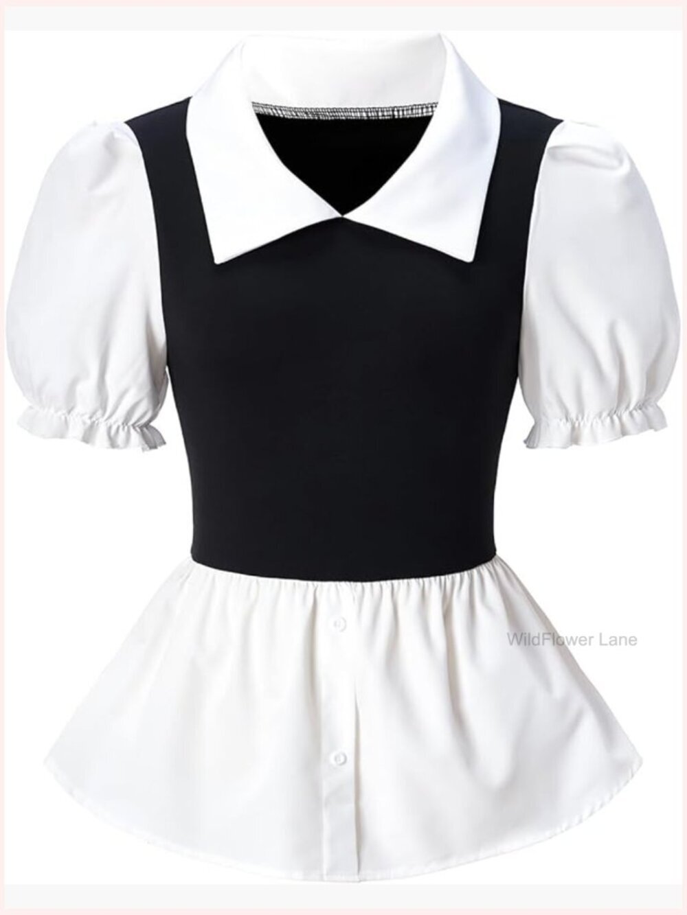 Color Block Peplum Blouse Puff Sleeve Button Down Shirt Work Office Top
